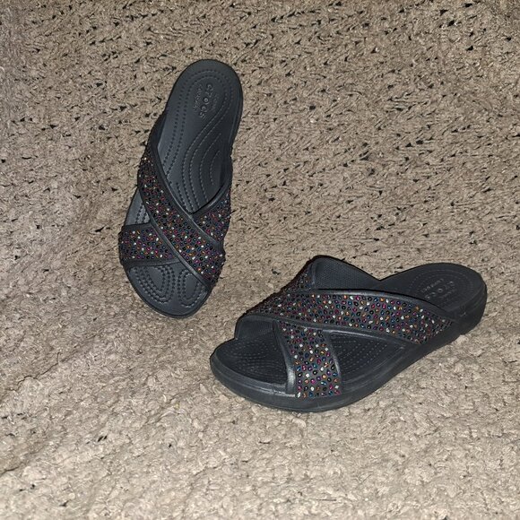 CROCS-Sloane Slide Sandals-Black-Multi Color Diamante-Sz 8-Near Mint - Picture 1 of 7